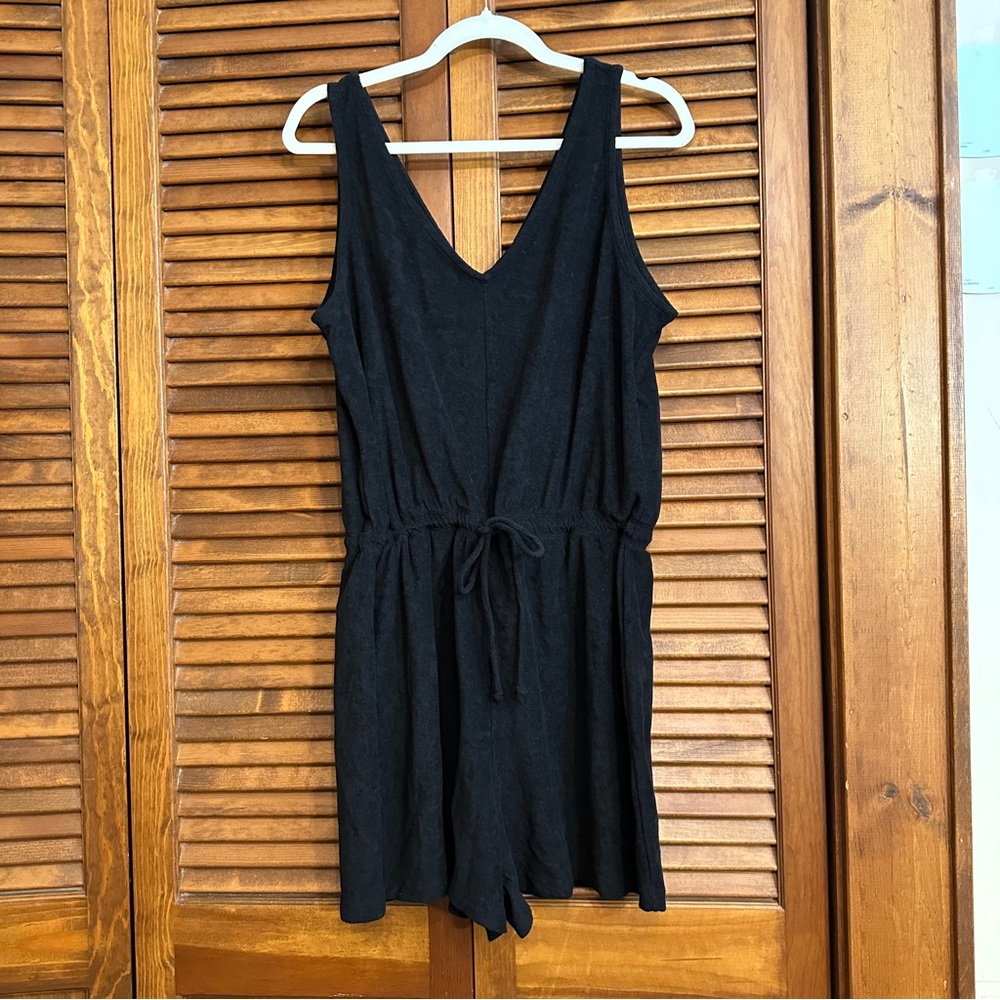 EUC Old Navy black looped terry short romper swim coverup, drawstring waist, L